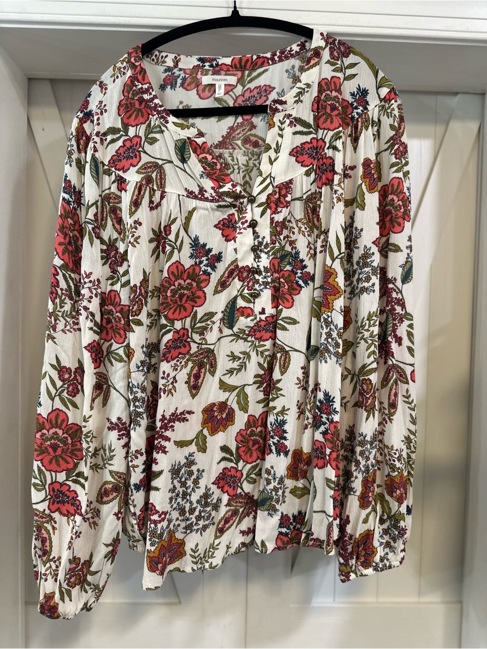 Maurice’s women’s Floral Button-Front Peasant Blouse - White with Pink & Green